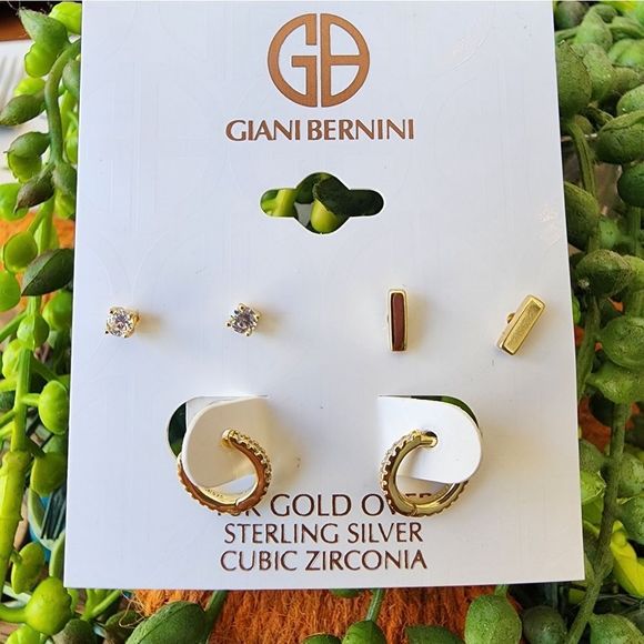 Giani Bernini 18 karat gold and cubic zirconia earring stud huggie hoop set NWT - Picture 1 of 3